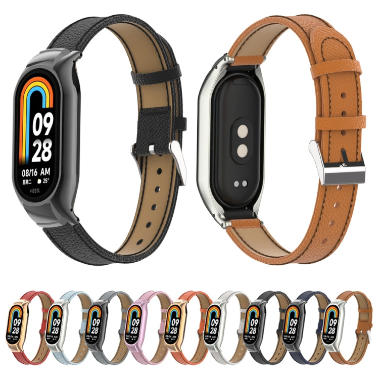 For Xiaomi Mi Band 8 Integrated Metal Case + Litchi Texture Leather Watch Band(Orange) - Smart Wear by PMC Jewellery | Online Shopping South Africa | PMC Jewellery