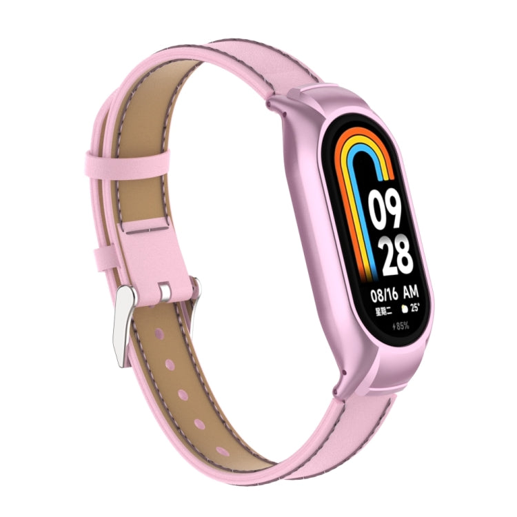 For Xiaomi Mi Band 8 Integrated Metal Case + Microfiber Sewing Leather Watch Band(Pink) - Smart Wear by PMC Jewellery | Online Shopping South Africa | PMC Jewellery