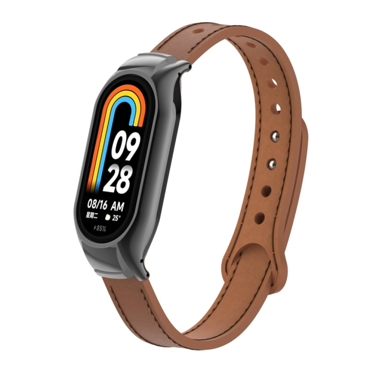 For Xiaomi Mi Band 8 Integrated Metal Case + Double Nail Microfiber Leather Watch Band(Brown) - Smart Wear by PMC Jewellery | Online Shopping South Africa | PMC Jewellery