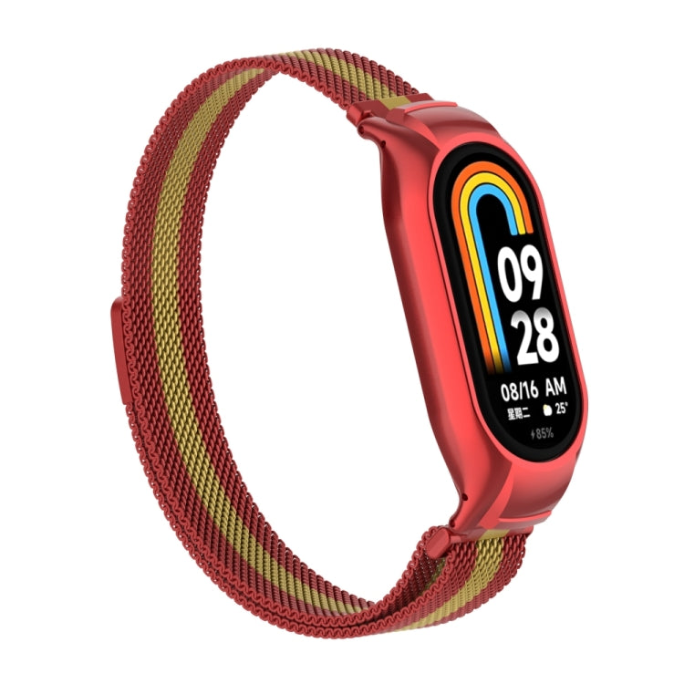 For Xiaomi Mi Band 8 Integrated Metal Case + Milanese Magnetic Watch Band(Red+Gold) - Smart Wear by PMC Jewellery | Online Shopping South Africa | PMC Jewellery