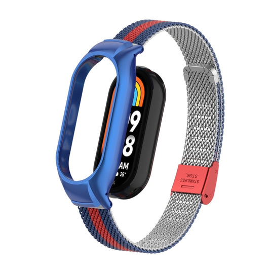 For Xiaomi Mi Band 8 Integrated Metal Case + Steel Mesh Buckle Watch Band(Blue+Red) - Smart Wear by PMC Jewellery | Online Shopping South Africa | PMC Jewellery