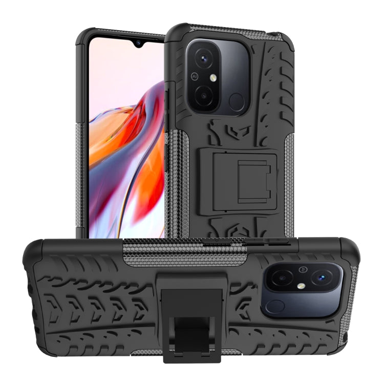 For Xiaomi Redmi 12C Tire Texture TPU + PC Phone Case with Holder(Black) - Xiaomi Cases by PMC Jewellery | Online Shopping South Africa | PMC Jewellery