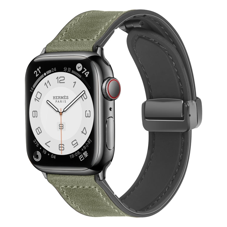 Magnetic Folding Silicone Leather Watch Band For Apple Watch Ultra 49mm / Series 8&7 45mm / SE 2&6&SE&5&4 44mm / 3&2&1 42mm (Army Green) - Watch Bands by PMC Jewellery | Online Shopping South Africa | PMC Jewellery