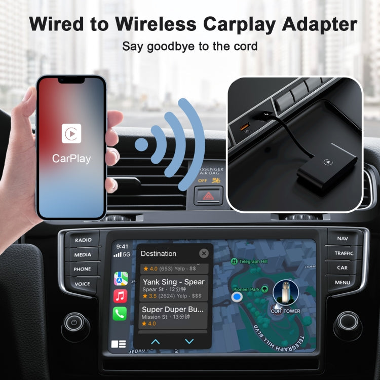 THT-020-2 USB + USB-C / Type-C Wired to Wireless Carplay Adapter for iPhone(Black) - Bluetooth Adapters by PMC Jewellery | Online Shopping South Africa | PMC Jewellery