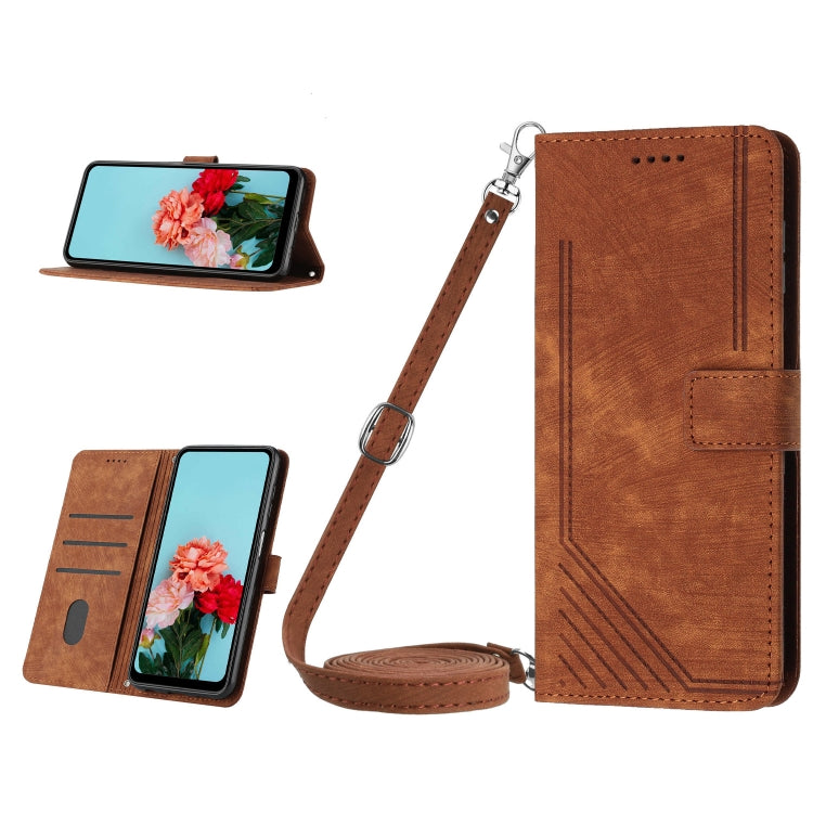 For Tecno Spark 10 Pro Skin Feel Stripe Pattern Leather Phone Case with Lanyard(Brown) - Tecno Cases by PMC Jewellery | Online Shopping South Africa | PMC Jewellery