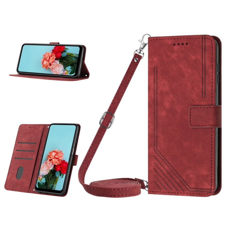 For Tecno Spark 10 Pro Skin Feel Stripe Pattern Leather Phone Case with Lanyard(Red) - Tecno Cases by PMC Jewellery | Online Shopping South Africa | PMC Jewellery