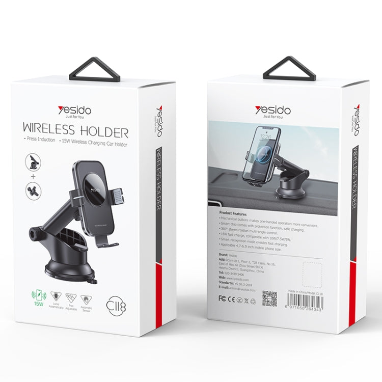 Yesido C118 15W Car Wireless Fast Charger Smart Induction Suction Cup Phone Holder(Black) - Wireless Charger Holders by Yesido | Online Shopping South Africa | PMC Jewellery