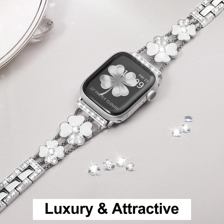 For Apple Watch 7 41mm Petal Metal Diamond Watch Band(Silver+White) - Watch Bands by PMC Jewellery | Online Shopping South Africa | PMC Jewellery