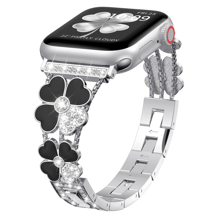 For Apple Watch SE 44mm Petal Metal Diamond Watch Band(Silver+Black) - Watch Bands by PMC Jewellery | Online Shopping South Africa | PMC Jewellery