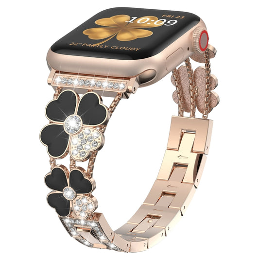 For Apple Watch 6 40mm Petal Metal Diamond Watch Band(Rose Gold+Black) - Watch Bands by PMC Jewellery | Online Shopping South Africa | PMC Jewellery