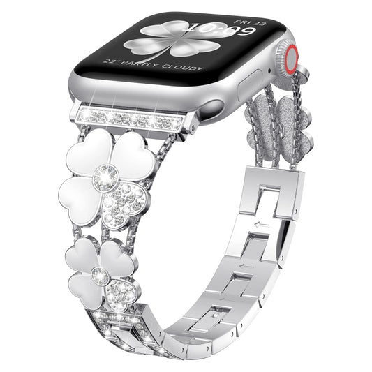 For Apple Watch 6 40mm Petal Metal Diamond Watch Band(Sliver+White) -  by PMC Jewellery | Online Shopping South Africa | PMC Jewellery