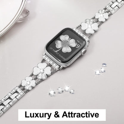 For Apple Watch 5 44mm Petal Metal Diamond Watch Band(Sliver+White) -  by PMC Jewellery | Online Shopping South Africa | PMC Jewellery