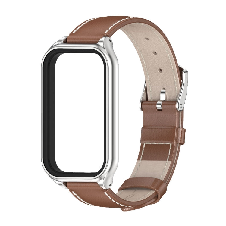 For Redmi Band 2 Mijobs Metal Shell Genuine Leather Watch Band(Brown Silver) -  by MIJOBS | Online Shopping South Africa | PMC Jewellery