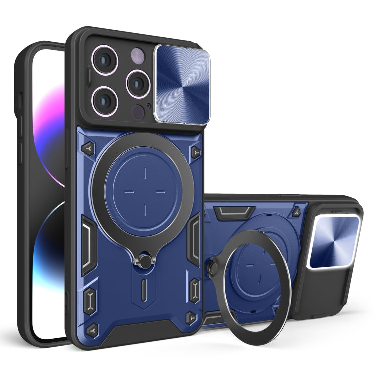 For iPhone 14 Pro CD Texture Sliding Camshield Magnetic Holder Phone Case(Blue) - iPhone 14 Pro Cases by PMC Jewellery | Online Shopping South Africa | PMC Jewellery