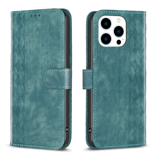 For iPhone 14 Pro Max Plaid Embossed Leather Phone Case(Green) - iPhone 14 Pro Max Cases by PMC Jewellery | Online Shopping South Africa | PMC Jewellery