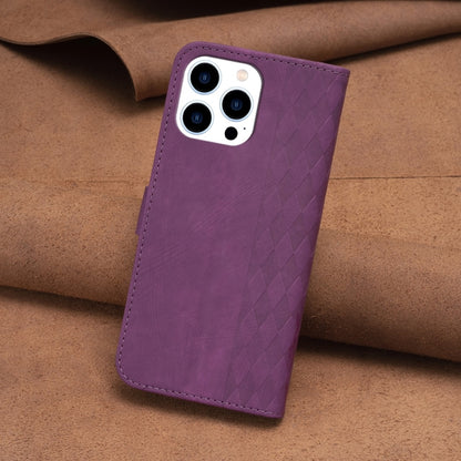 For iPhone 13 Pro Plaid Embossed Leather Phone Case(Purple) - iPhone 13 Pro Cases by PMC Jewellery | Online Shopping South Africa | PMC Jewellery