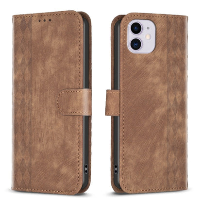 For iPhone 11 Plaid Embossed Leather Phone Case(Brown) - iPhone 11 Cases by PMC Jewellery | Online Shopping South Africa | PMC Jewellery