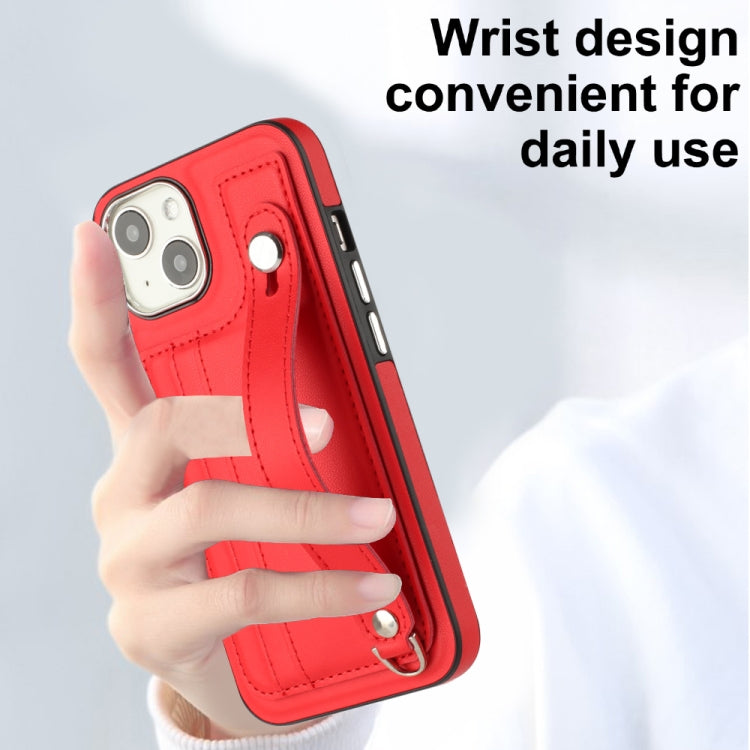 For iPhone 13 Shockproof Leather Phone Case with Wrist Strap(Red) - iPhone 13 Cases by PMC Jewellery | Online Shopping South Africa | PMC Jewellery