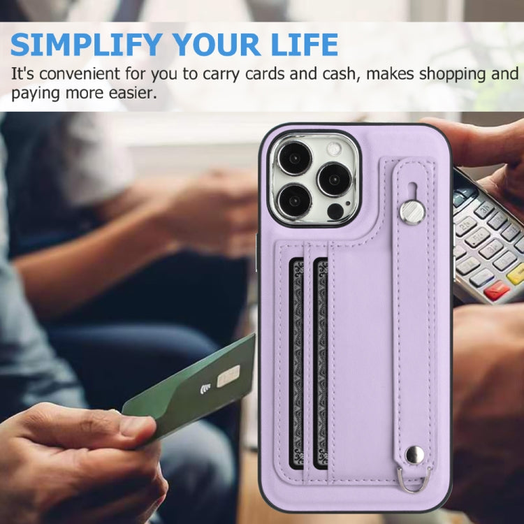 For iPhone 15 Pro Shockproof Leather Phone Case with Wrist Strap(Purple) - iPhone 15 Pro Cases by PMC Jewellery | Online Shopping South Africa | PMC Jewellery