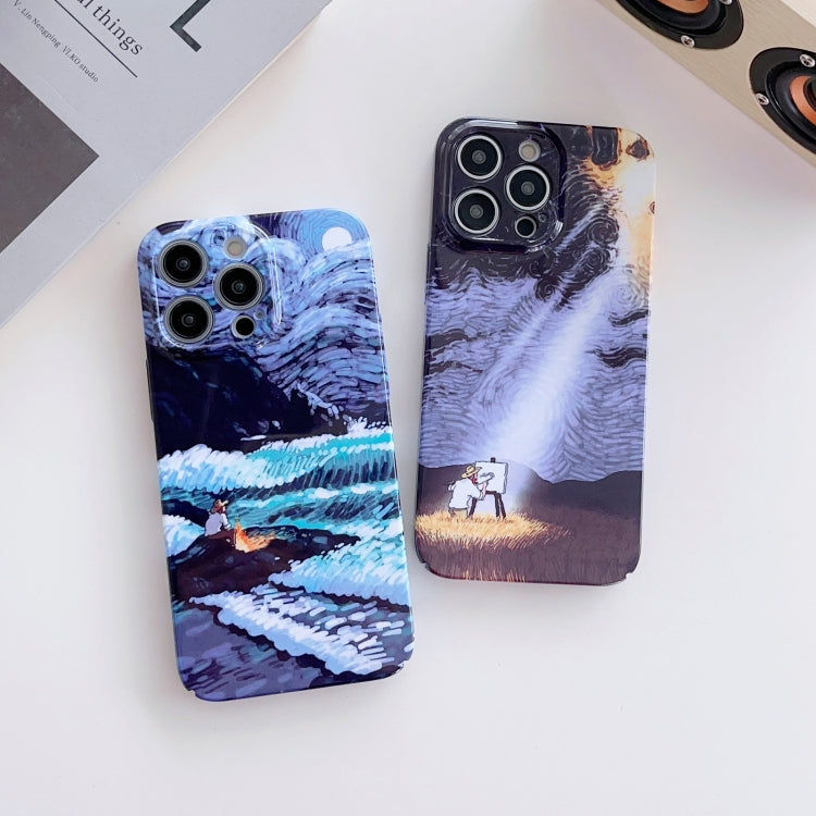 For iPhone 12 Pro Precise Hole Oil Painting Pattern PC Phone Case(Sunset) - iPhone 12 / 12 Pro Cases by PMC Jewellery | Online Shopping South Africa | PMC Jewellery