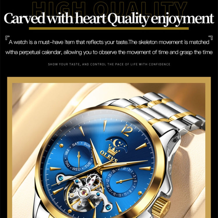 OLEVS 6663 Men Multifunctional Waterproof Hollow Steel Strap Mechanical Watch(Blue + Gold) - Metal Strap Watches by PMC Jewellery | Online Shopping South Africa | PMC Jewellery