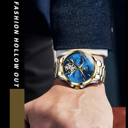 OLEVS 6663 Men Multifunctional Waterproof Hollow Steel Strap Mechanical Watch(Blue + Gold) - Metal Strap Watches by PMC Jewellery | Online Shopping South Africa | PMC Jewellery