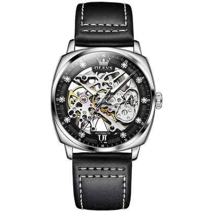 OLEVS 6651 Men Luminous Waterproof Hollow Mechanical Watch(Black + White) - Leather Strap Watches by OLEVS | Online Shopping South Africa | PMC Jewellery