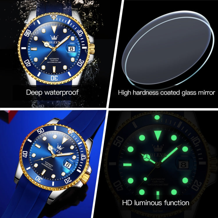 OLEVS 6650 Men Luminous Waterproof Silicone Strap Mechanical Watch(Blue + Gold) - Silicone Strap Watches by OLEVS | Online Shopping South Africa | PMC Jewellery