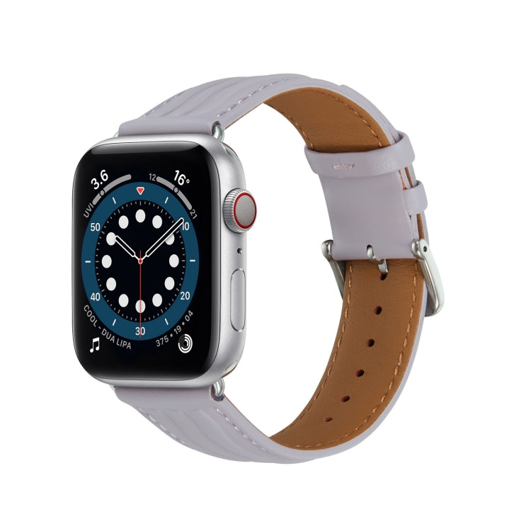 Embossed Line Genuine Leather Watch Band For Apple Watch SE 2022 44mm(Lavender Purple) - Watch Bands by PMC Jewellery | Online Shopping South Africa | PMC Jewellery