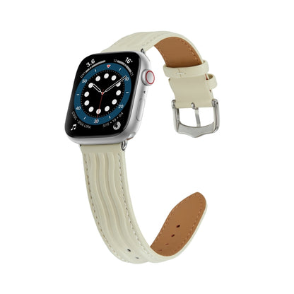 Embossed Line Genuine Leather Watch Band For Apple Watch SE 2022 44mm(Milky White) - Watch Bands by PMC Jewellery | Online Shopping South Africa | PMC Jewellery