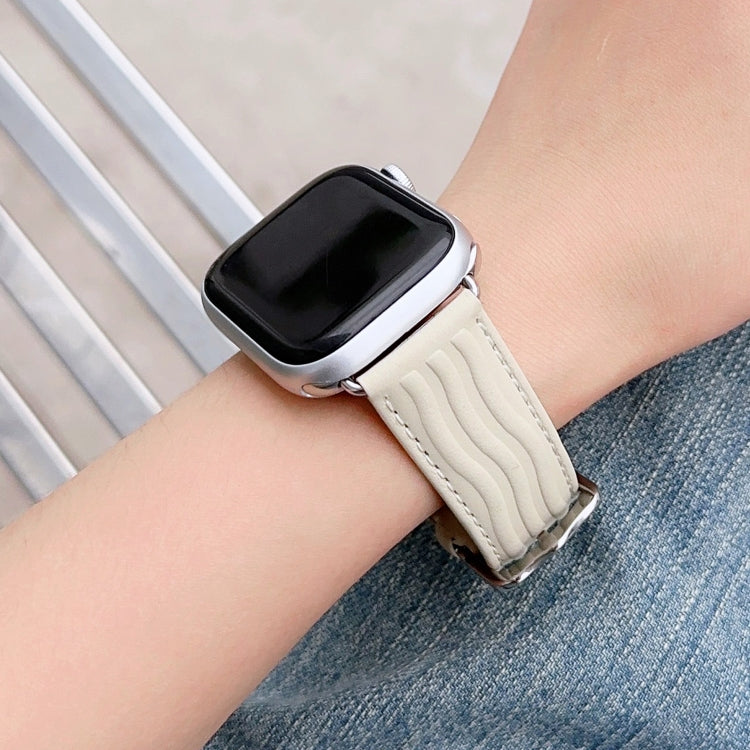 Embossed Line Genuine Leather Watch Band For Apple Watch SE 2022 44mm(Milky White) - Watch Bands by PMC Jewellery | Online Shopping South Africa | PMC Jewellery