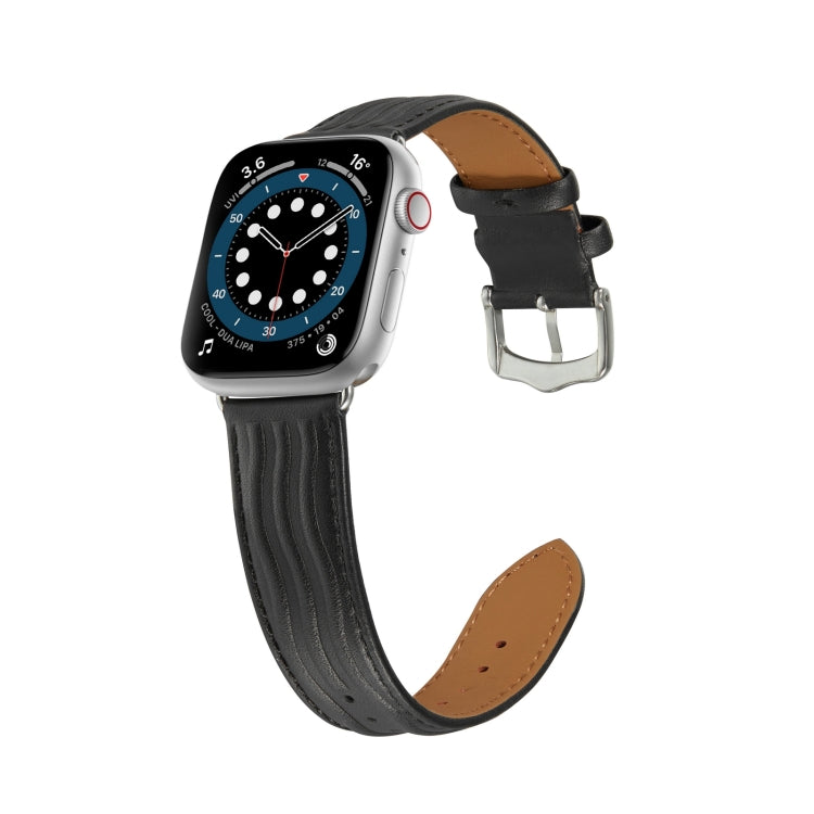 Embossed Line Genuine Leather Watch Band For Apple Watch 7 45mm(Black) - Watch Bands by PMC Jewellery | Online Shopping South Africa | PMC Jewellery