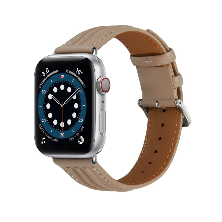 Embossed Line Genuine Leather Watch Band For Apple Watch SE 44mm(Milky Brown) - Watch Bands by PMC Jewellery | Online Shopping South Africa | PMC Jewellery