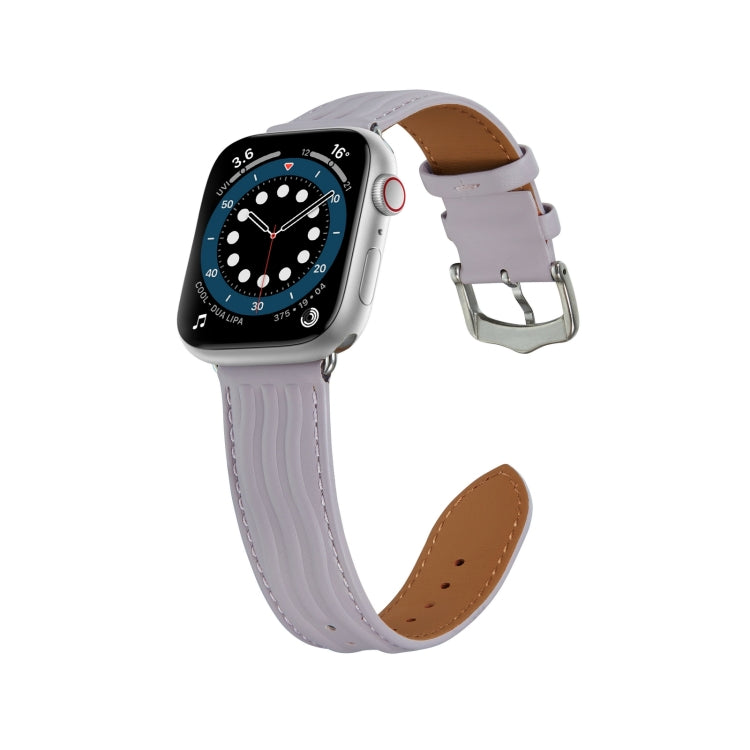 Embossed Line Genuine Leather Watch Band For Apple Watch 5 44mm(Lavender Purple) - Watch Bands by PMC Jewellery | Online Shopping South Africa | PMC Jewellery