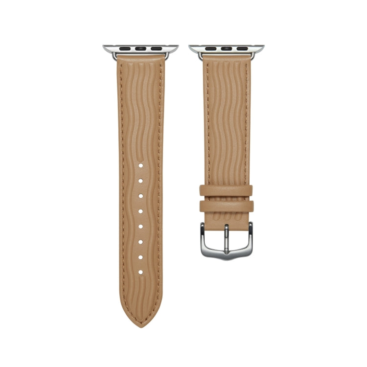 Embossed Line Genuine Leather Watch Band For Apple Watch 4 44mm(Khaki) - Watch Bands by PMC Jewellery | Online Shopping South Africa | PMC Jewellery