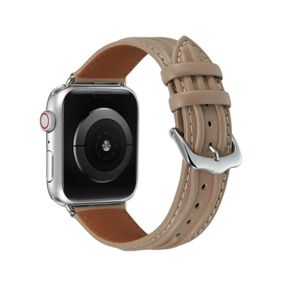 Embossed Line Genuine Leather Watch Band For Apple Watch 42mm(Milky Brown) - Watch Bands by PMC Jewellery | Online Shopping South Africa | PMC Jewellery