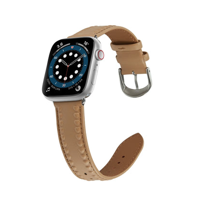 Embossed Love Genuine Leather Watch Band For Apple Watch 8 45mm(Khaki) - Watch Bands by PMC Jewellery | Online Shopping South Africa | PMC Jewellery