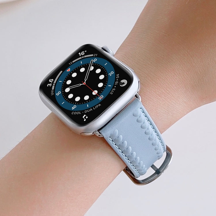 Embossed Love Genuine Leather Watch Band For Apple Watch 7 45mm(Blue) - Watch Bands by PMC Jewellery | Online Shopping South Africa | PMC Jewellery