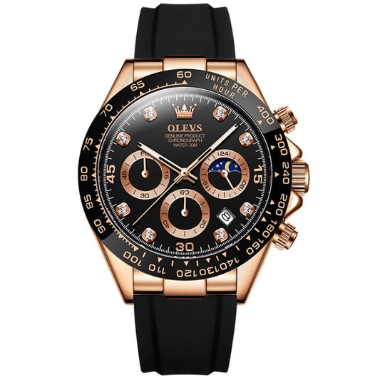 OLEVS 2875 Men Multifunctional Sports Chronograph Waterproof Quartz Watch(Black + Rose Gold) - Silicone Strap Watches by OLEVS | Online Shopping South Africa | PMC Jewellery