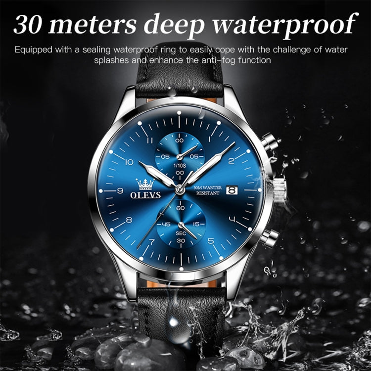 OLEVS 2880 Men Multifunctional Business Waterproof Leather Strap Quartz Watch(Blue) - Leather Strap Watches by OLEVS | Online Shopping South Africa | PMC Jewellery