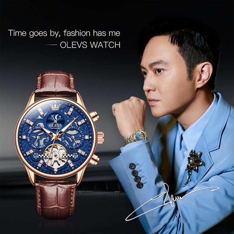 OLEVS 6658 Men Luminous Waterproof Leather Strap Mechanical Watch(Blue + Rose Gold) - Leather Strap Watches by OLEVS | Online Shopping South Africa | PMC Jewellery