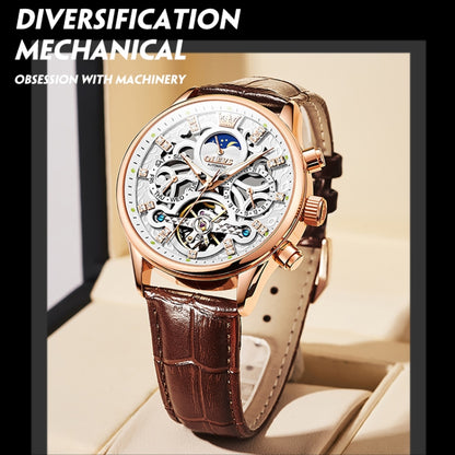 OLEVS 6658 Men Luminous Waterproof Leather Strap Mechanical Watch(White + Rose Gold) - Leather Strap Watches by OLEVS | Online Shopping South Africa | PMC Jewellery