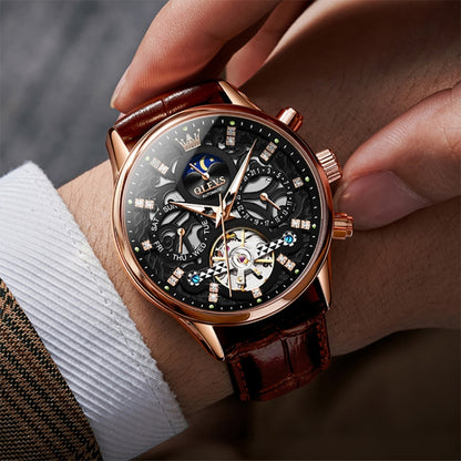 OLEVS 6658 Men Luminous Waterproof Leather Strap Mechanical Watch(Black + Rose Gold) - Leather Strap Watches by OLEVS | Online Shopping South Africa | PMC Jewellery