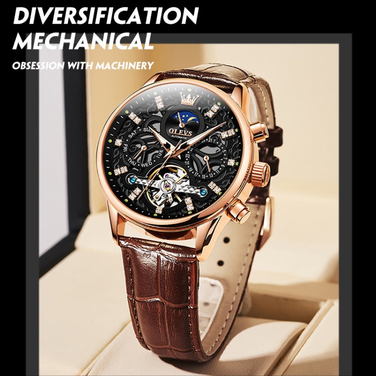 OLEVS 6658 Men Luminous Waterproof Leather Strap Mechanical Watch(Black + Rose Gold) - Leather Strap Watches by OLEVS | Online Shopping South Africa | PMC Jewellery