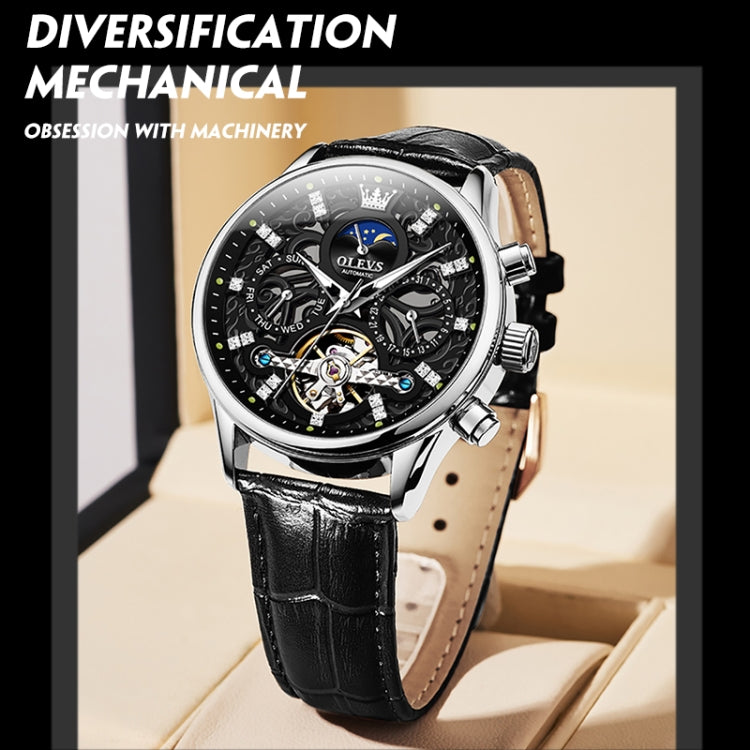 OLEVS 6658 Men Luminous Waterproof Leather Strap Mechanical Watch(Black) - Leather Strap Watches by OLEVS | Online Shopping South Africa | PMC Jewellery