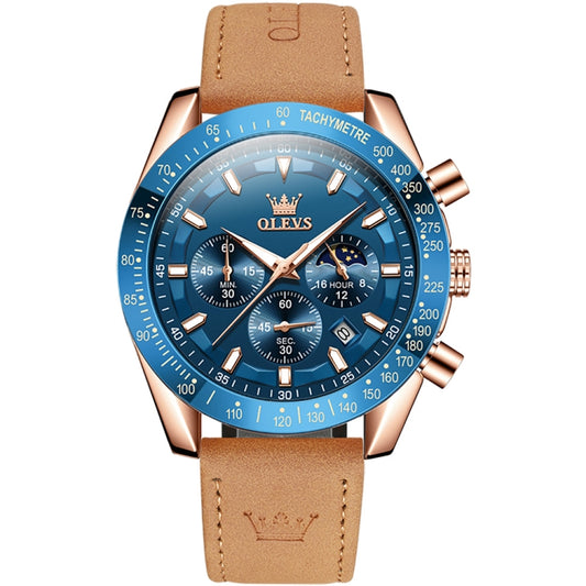 OLEVS 9957 Men Luminous Waterproof Leather Strap Quartz Watch(Blue + Rose Gold) - Leather Strap Watches by OLEVS | Online Shopping South Africa | PMC Jewellery