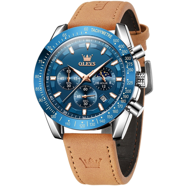 OLEVS 9957 Men Luminous Waterproof Leather Strap Quartz Watch(Blue) - Leather Strap Watches by OLEVS | Online Shopping South Africa | PMC Jewellery