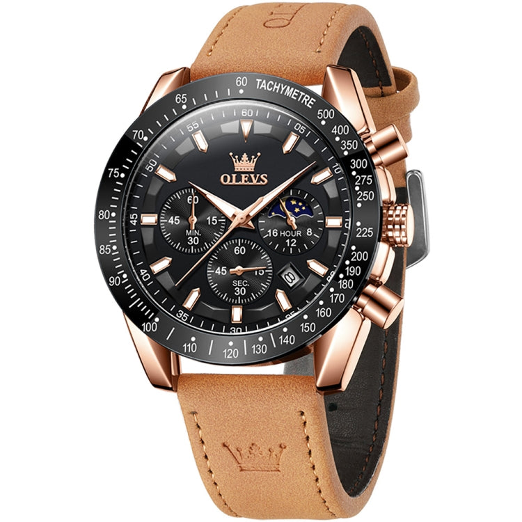 OLEVS 9957 Men Luminous Waterproof Leather Strap Quartz Watch(Black + Rose Gold) - Leather Strap Watches by OLEVS | Online Shopping South Africa | PMC Jewellery
