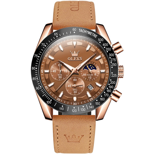 OLEVS 9957 Men Luminous Waterproof Leather Strap Quartz Watch(Coffee + Rose Gold) - Leather Strap Watches by OLEVS | Online Shopping South Africa | PMC Jewellery