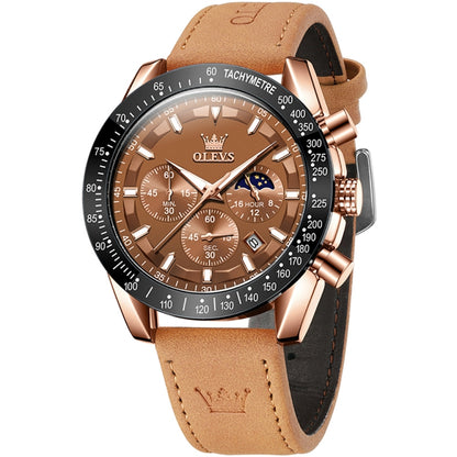 OLEVS 9957 Men Luminous Waterproof Leather Strap Quartz Watch(Coffee + Rose Gold) - Leather Strap Watches by OLEVS | Online Shopping South Africa | PMC Jewellery